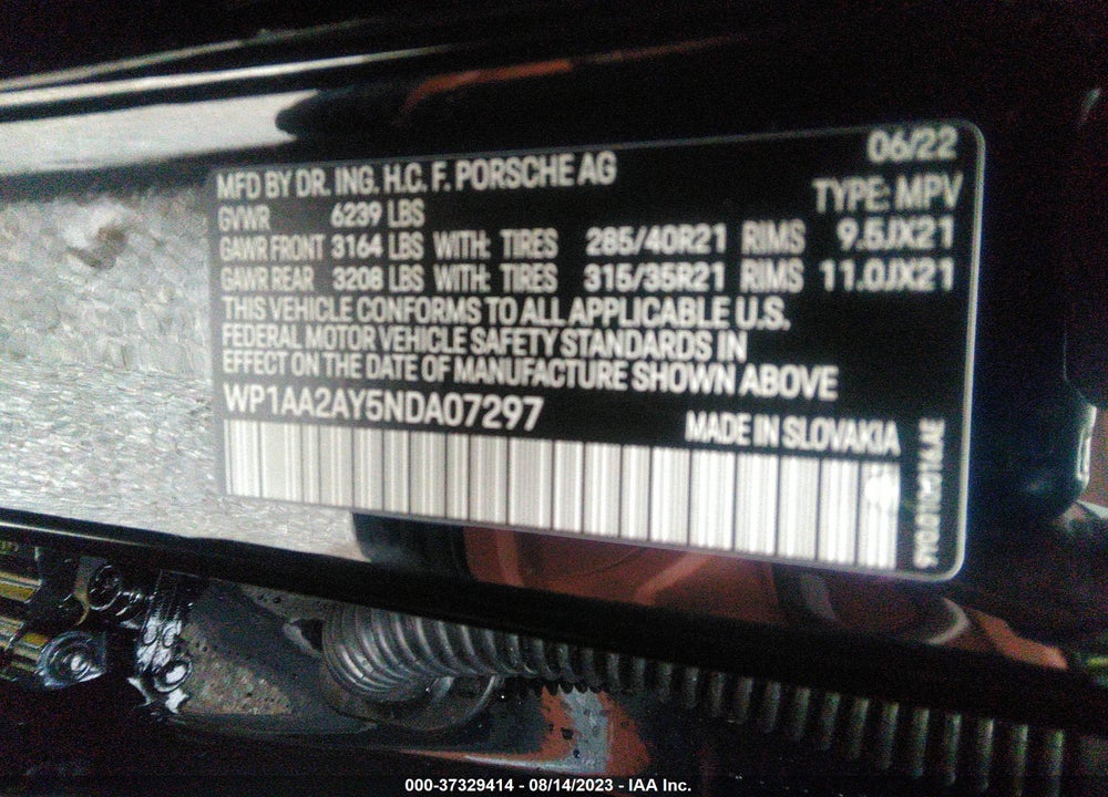 2022 PORSCHE CAYENNE VIN: WP1AA2AY5NDA07297