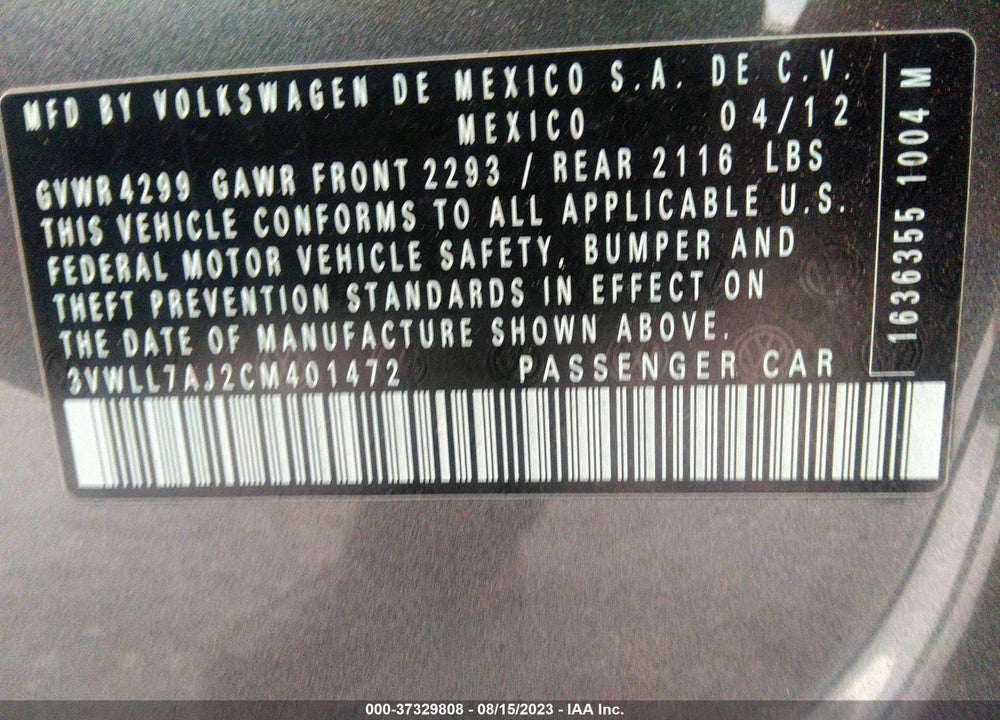 2012 VOLKSWAGEN JETTA 2.0L TDI VIN: 3VWLL7AJ2CM401472