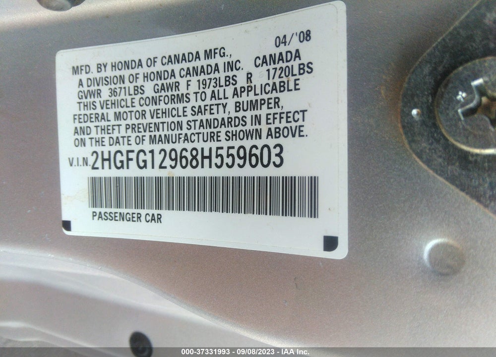 2008 HONDA CIVIC EX-L VIN: 2HGFG12968H559603