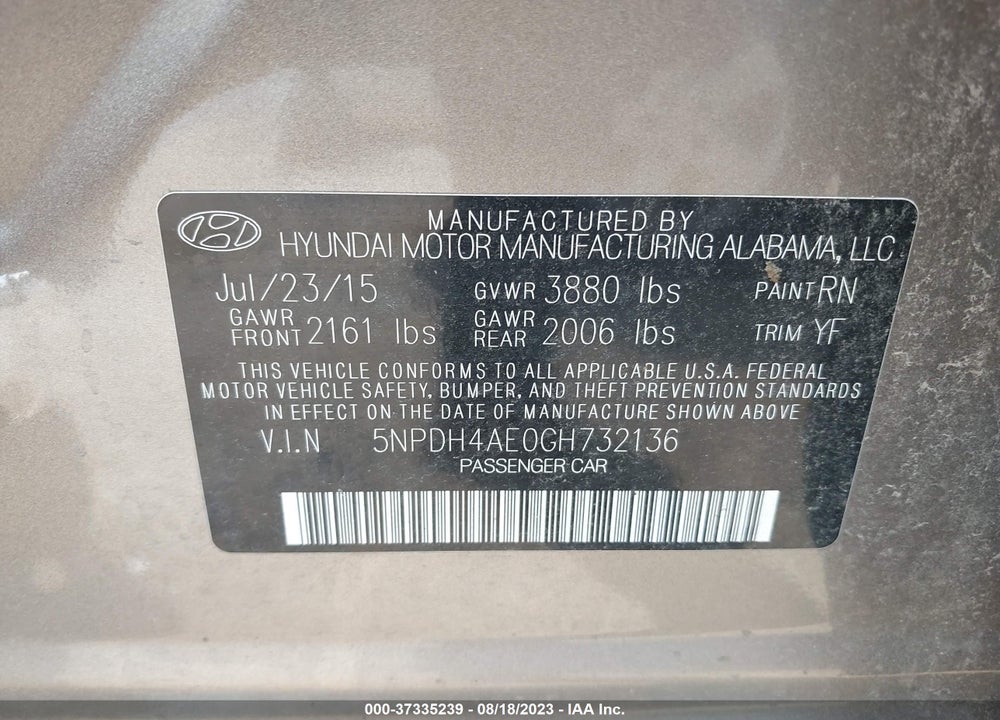2016 HYUNDAI ELANTRA SE VIN: 5NPDH4AE0GH732136
