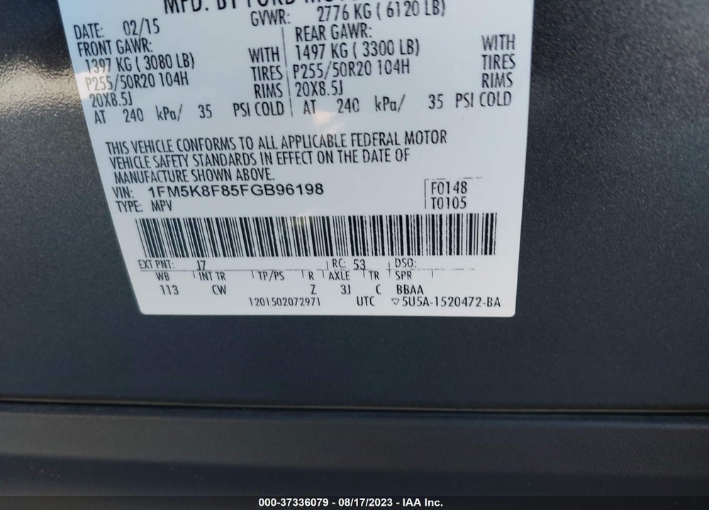 2015 FORD EXPLORER LIMITED VIN: 1FM5K8F85FGB96198