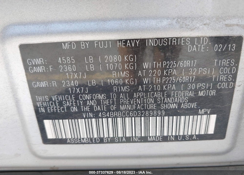 2013 SUBARU OUTBACK 2.5I PREMIUM VIN: 4S4BRBCC6D3289899