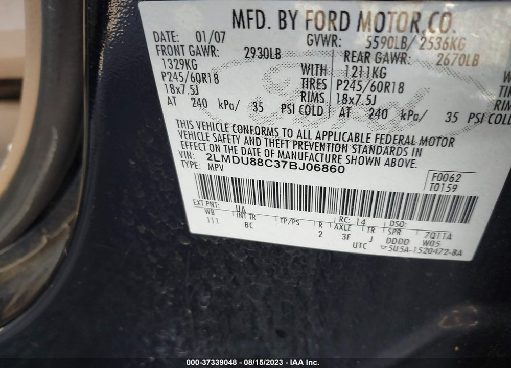 2007 LINCOLN MKX VIN: 2LMDU88C37BJ06860