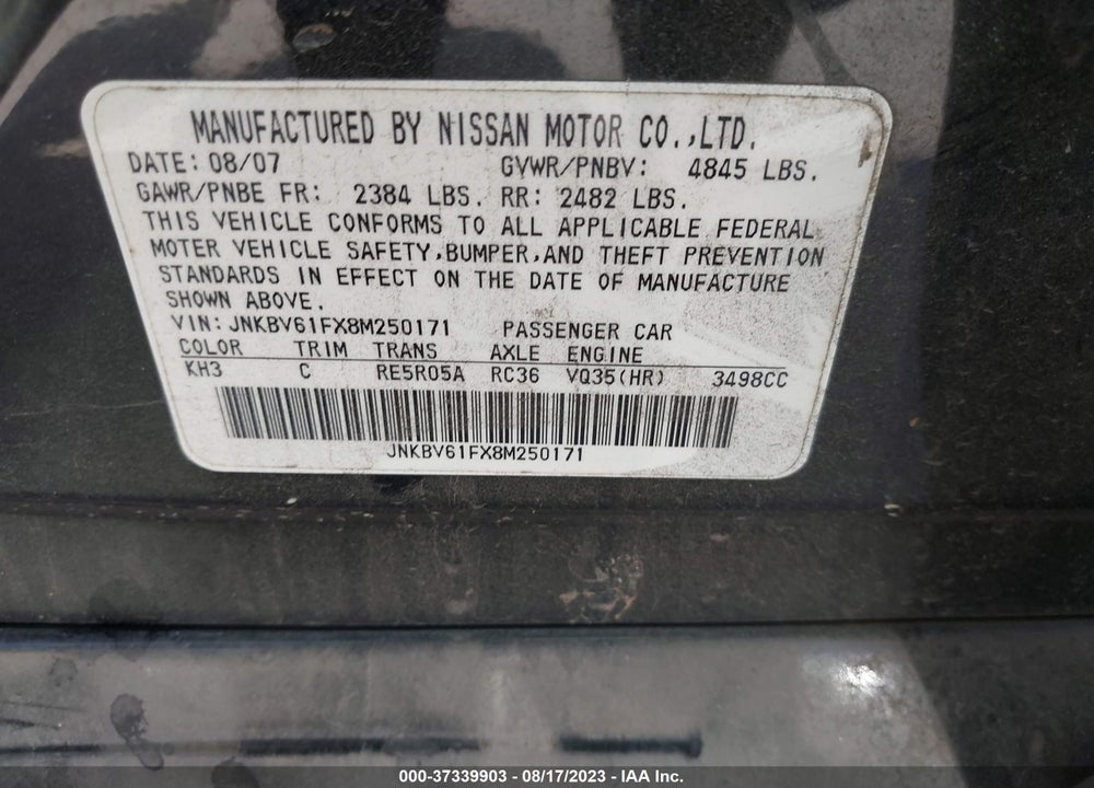 2008 INFINITI G35X VIN: JNKBV61FX8M250171