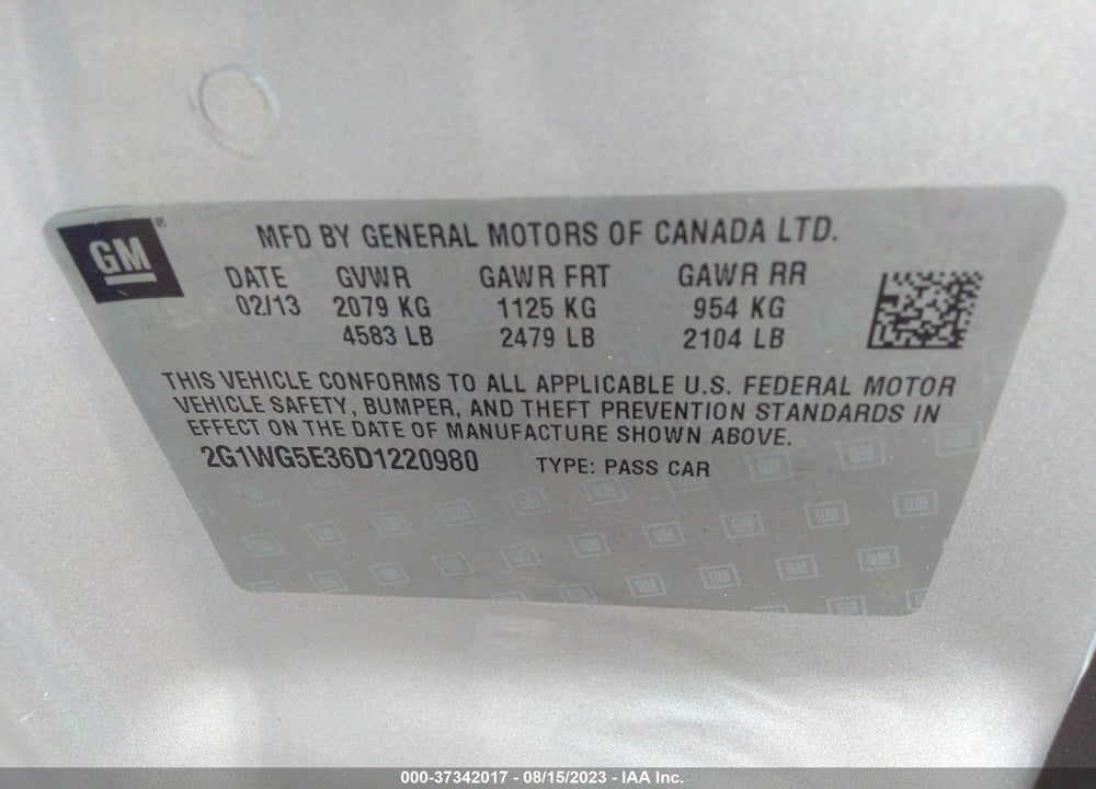2013 CHEVROLET IMPALA VIN: 2G1WG5E36D1220980