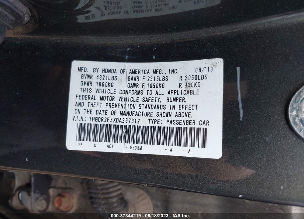 2013 HONDA ACCORD SPORT VIN: 1HGCR2F5XDA267312