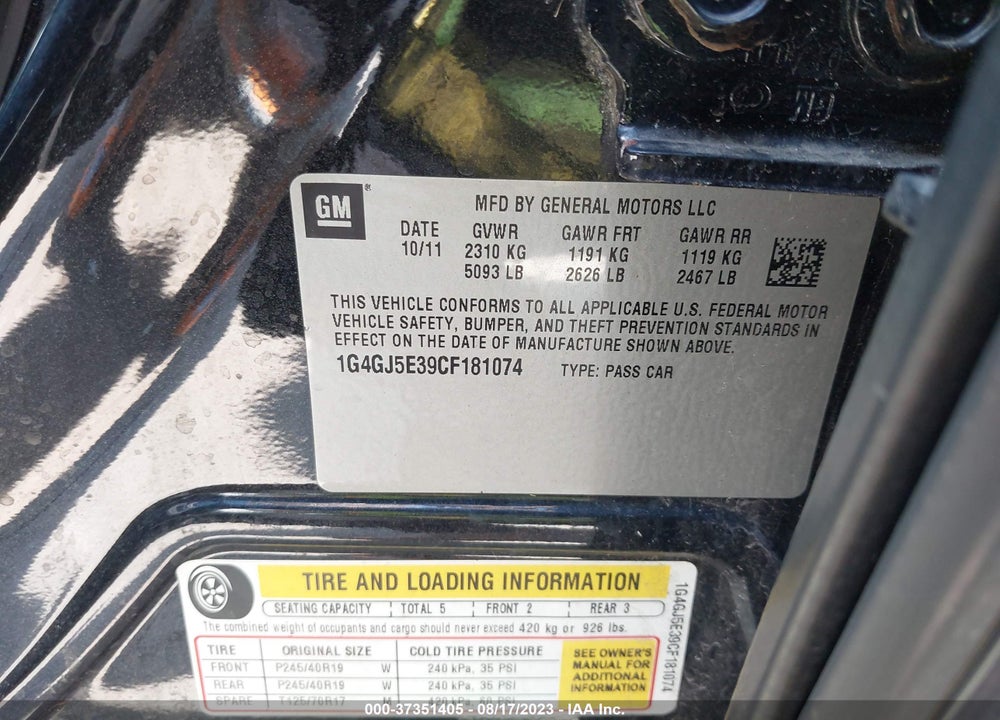 2012 BUICK LACROSSE TOURING GROUP VIN: 1G4GJ5E39CF181074
