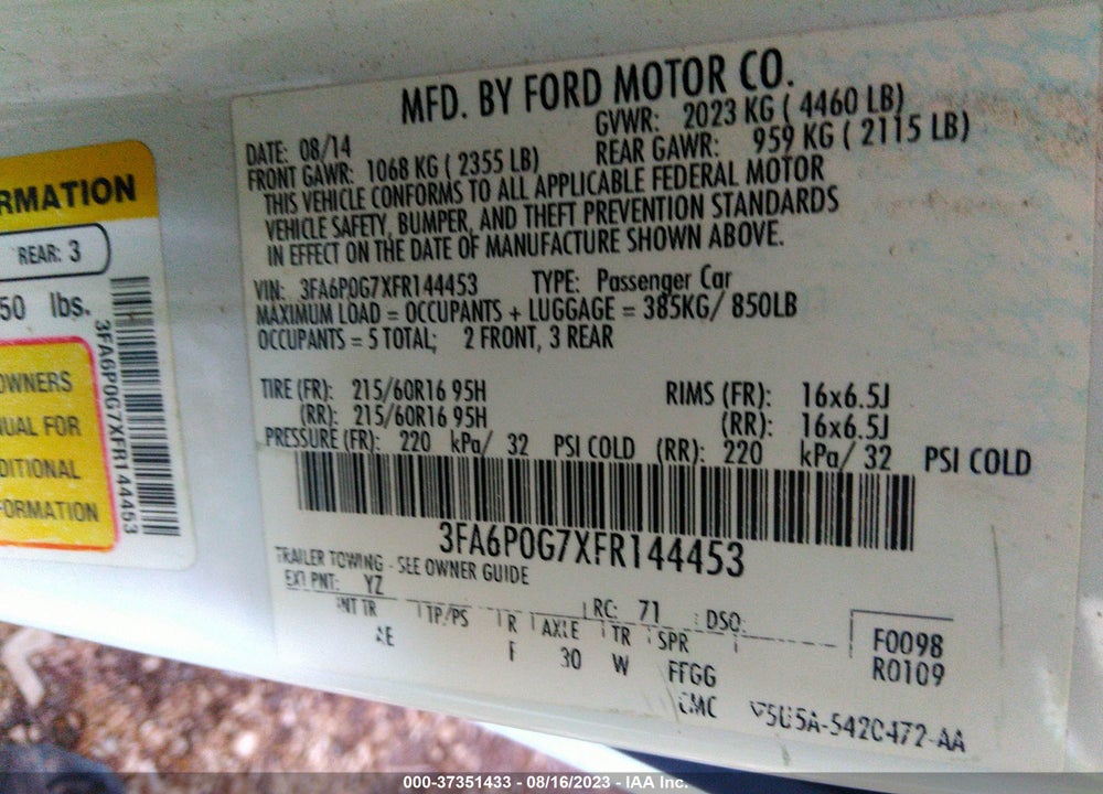 2015 FORD FUSION S VIN: 3FA6P0G7XFR144453