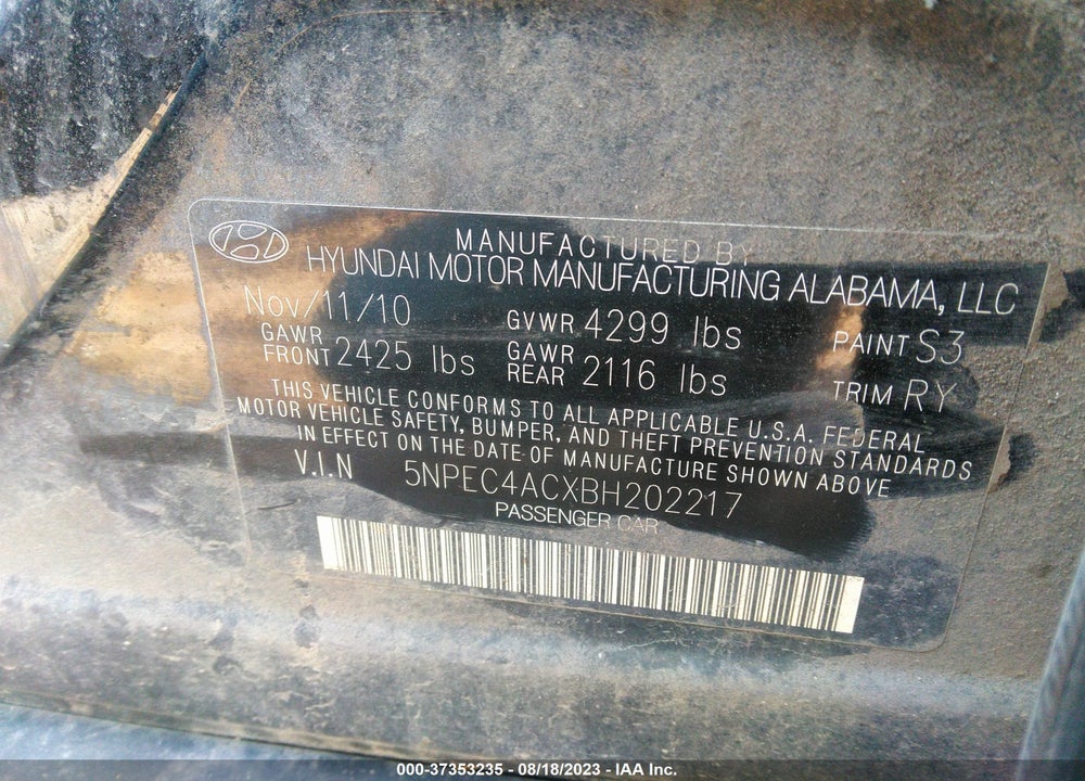 2011 HYUNDAI SONATA LIMITED VIN: 5NPEC4ACXBH202217