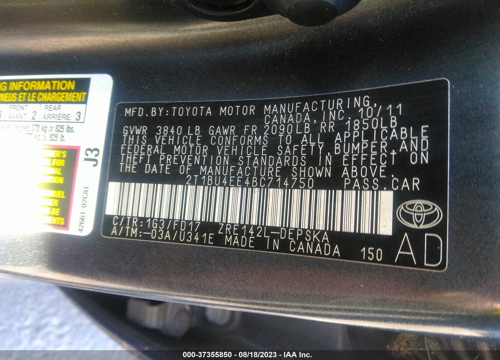 2011 TOYOTA COROLLA S VIN: 2T1BU4EE4BC714750