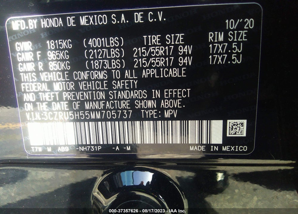 2021 HONDA HR-V VIN: 3CZRU5H55MM705737