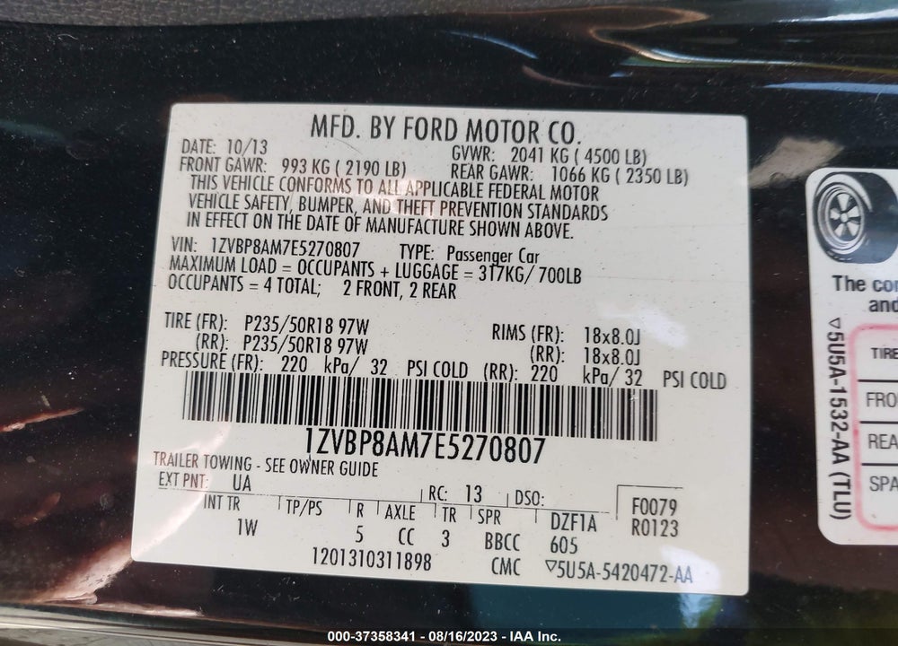 2014 FORD MUSTANG V6 VIN: 1ZVBP8AM7E5270807