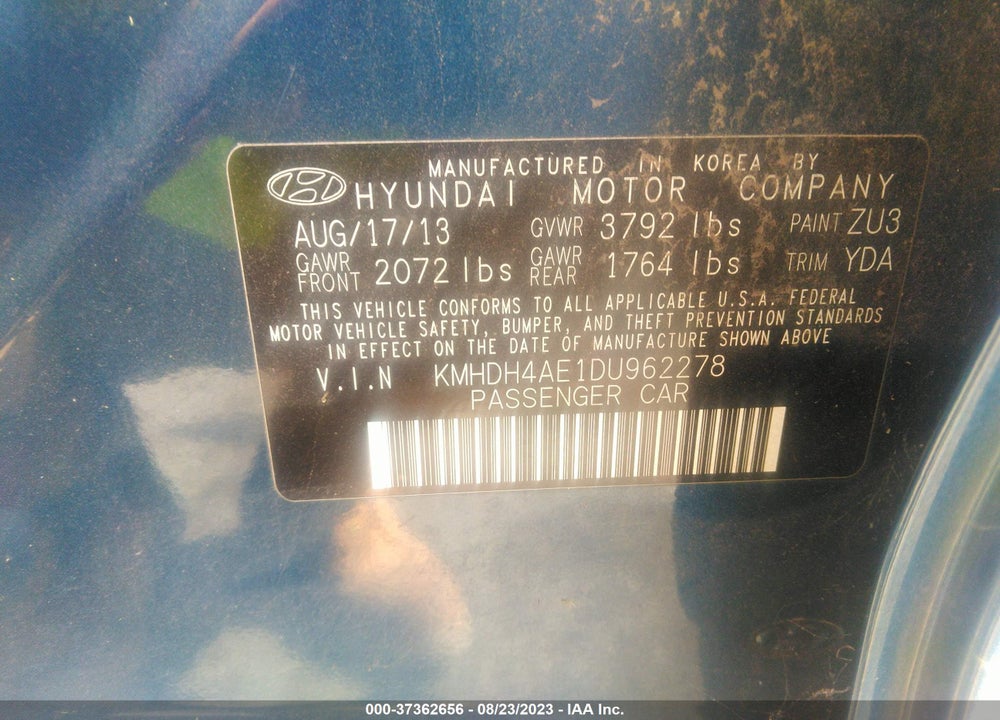 2013 HYUNDAI ELANTRA VIN: KMHDH4AE1DU962278