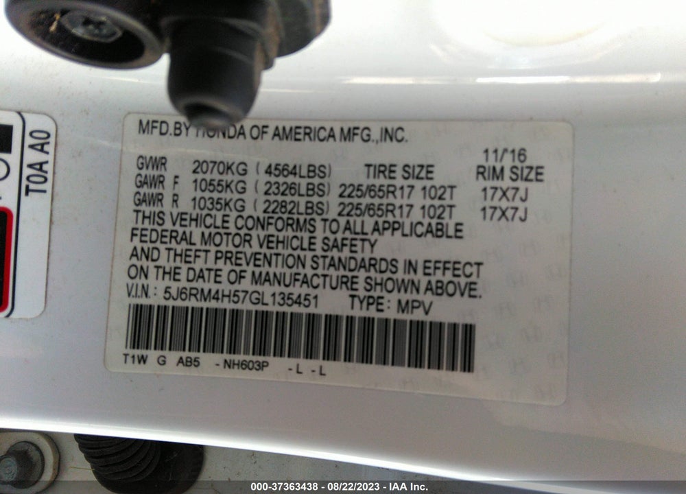 2016 HONDA CR-V EX VIN: 5J6RM4H57GL135451