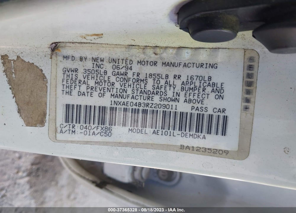 1994 TOYOTA COROLLA VIN: 1NXAE04B3RZ209011