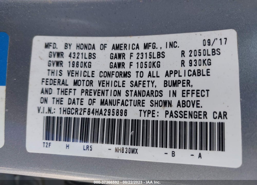 2017 HONDA ACCORD VIN: 1HGCR2F84HA295896