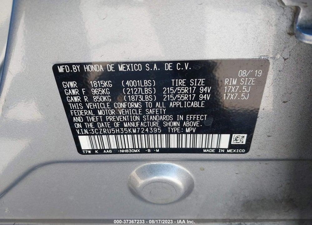2019 HONDA HR-V LX VIN: 3CZRU5H35KM724395