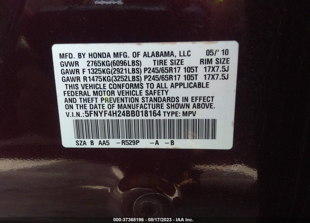 2011 HONDA PILOT LX VIN: 5FNYF4H24BB018164