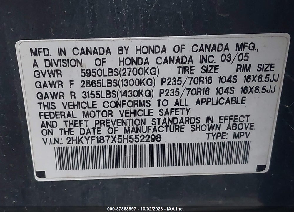 2005 HONDA PILOT EX-L VIN: 2HKYF187X5H552298