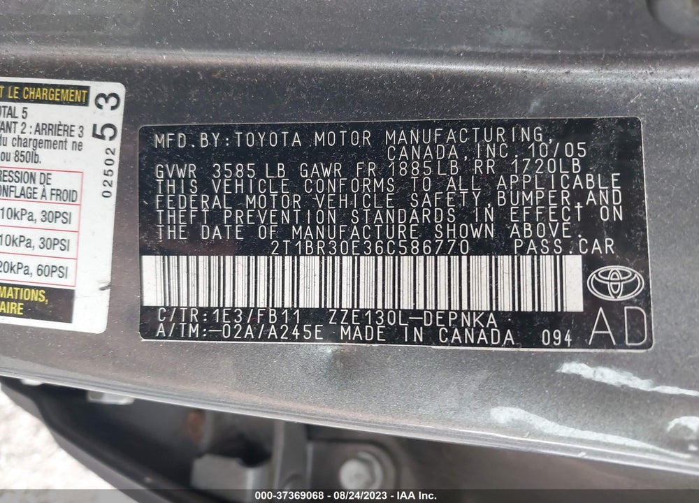 2006 TOYOTA COROLLA CE/S/LE VIN: 2T1BR30E36C586770