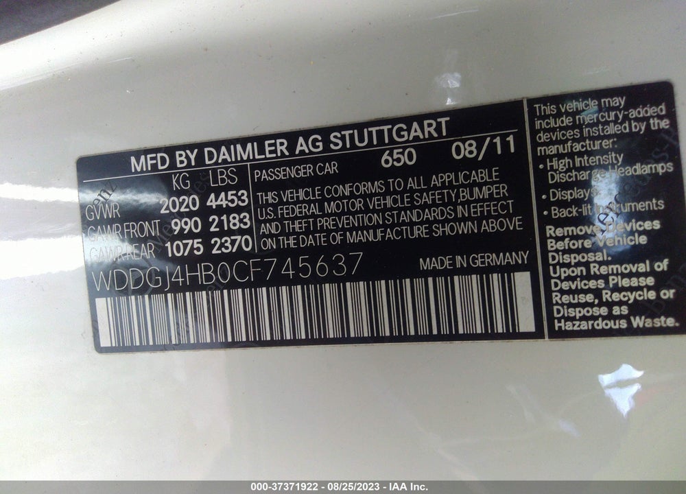 2012 MERCEDES-BENZ C 250 VIN: WDDGJ4HB0CF745637