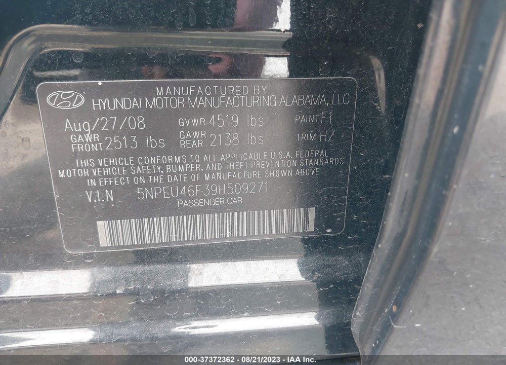 2009 HYUNDAI SONATA SE V6 VIN: 5NPEU46F39H509271
