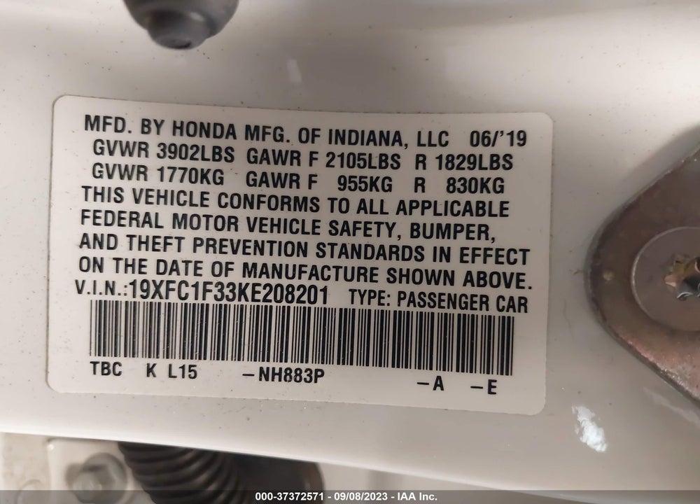 2019 HONDA CIVIC EX VIN: 19XFC1F33KE208201