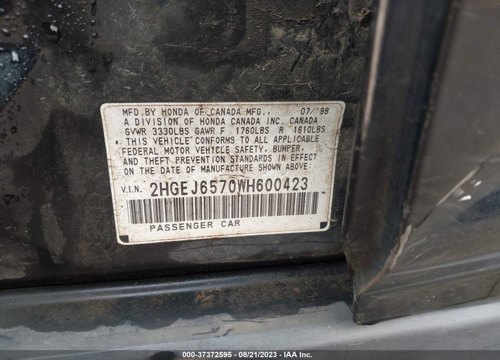 1998 HONDA CIVIC LX VIN: 2HGEJ6570WH600423