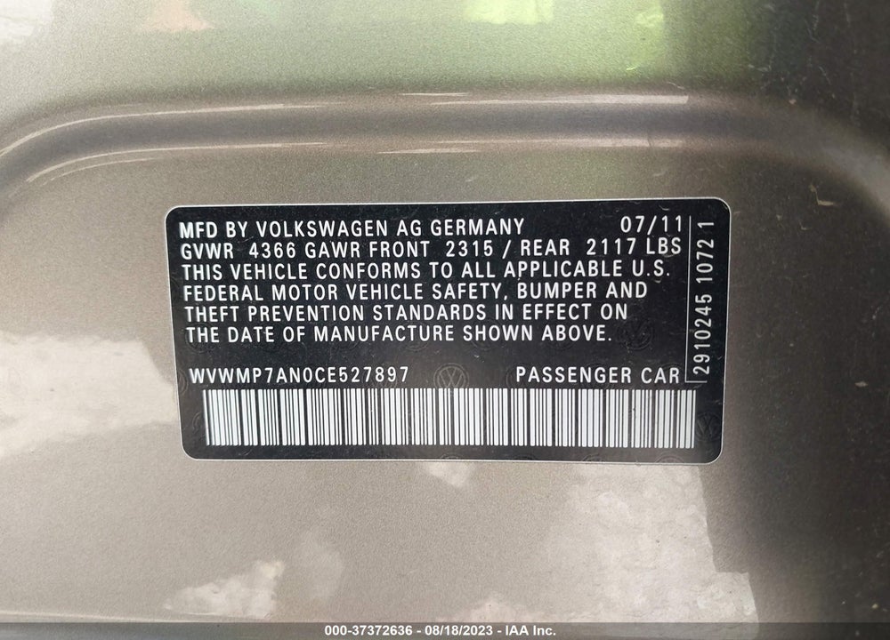 2012 VOLKSWAGEN CC SPORT VIN: WVWMP7AN0CE527897