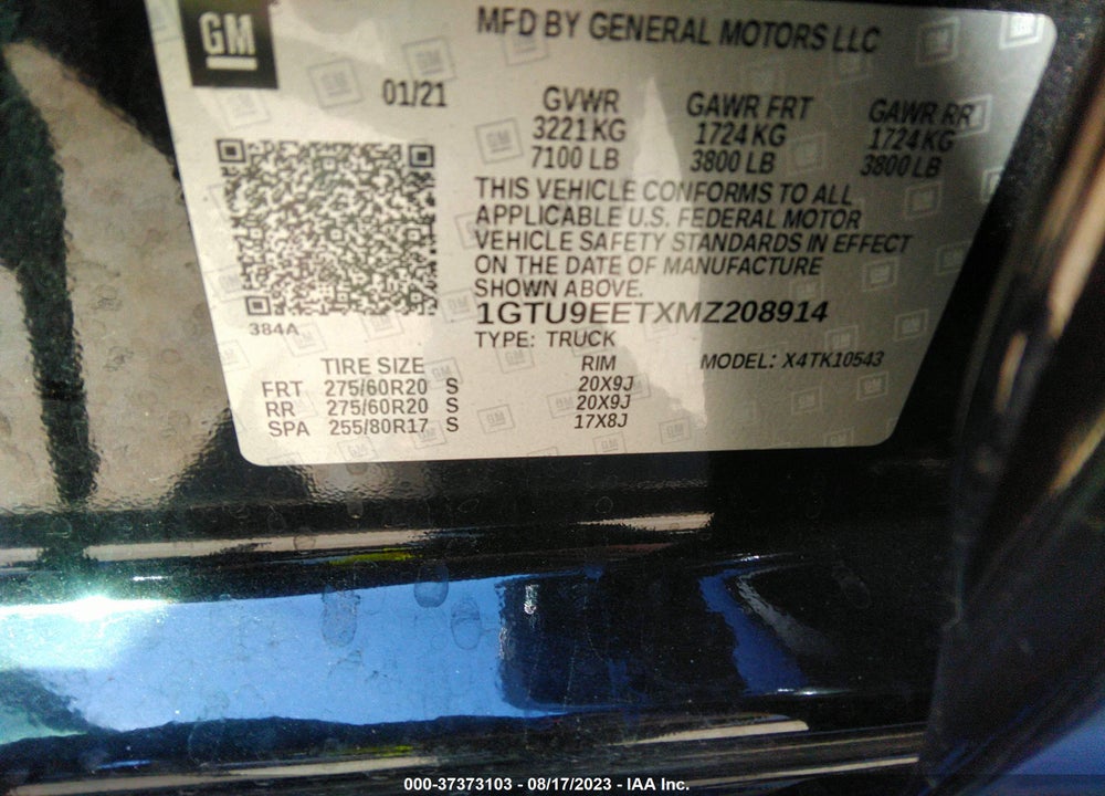 2021 GMC SIERRA 1500 4WD SHORT BOX AT4 VIN: 1GTU9EETXMZ208914