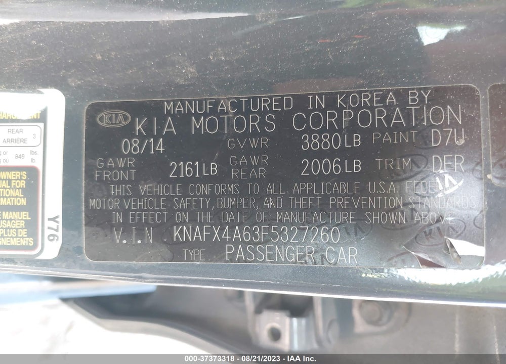2015 KIA FORTE LX VIN: KNAFX4A63F5327260