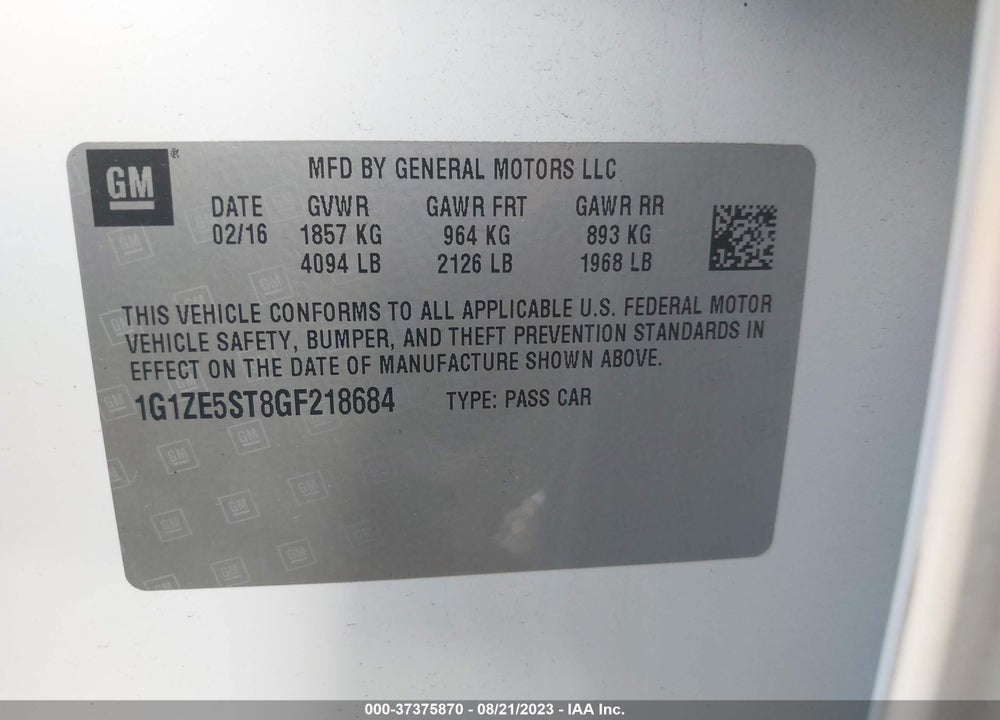 2016 CHEVROLET MALIBU 1LT VIN: 1G1ZE5ST8GF218684