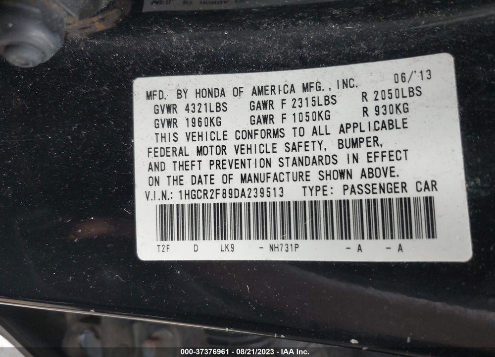 2013 HONDA ACCORD EX-L VIN: 1HGCR2F89DA239513