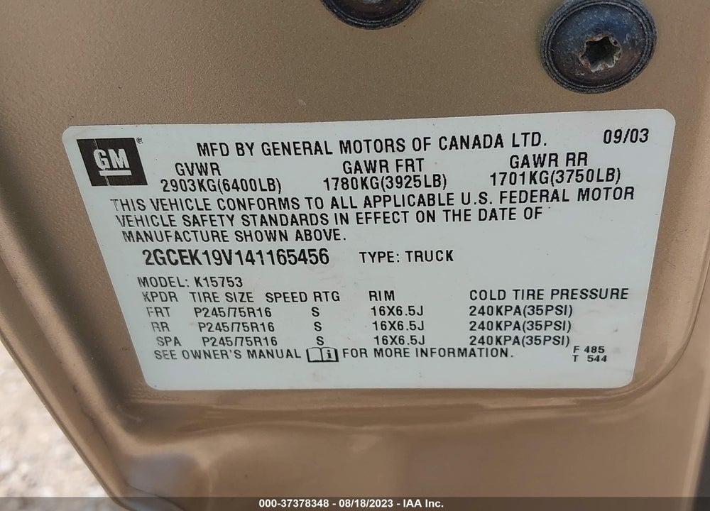 2004 CHEVROLET SILVERADO 1500 WORK TRUCK VIN: 2GCEK19V141165456