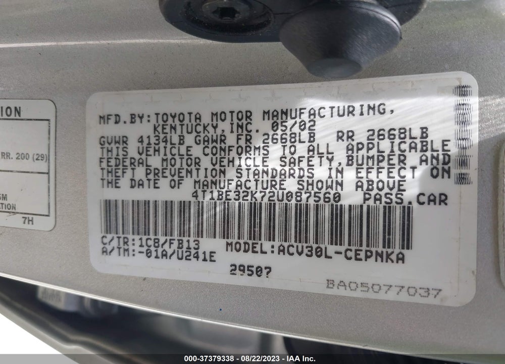 2002 TOYOTA CAMRY XLE/SE/LE VIN: 4T1BE32K72U087560