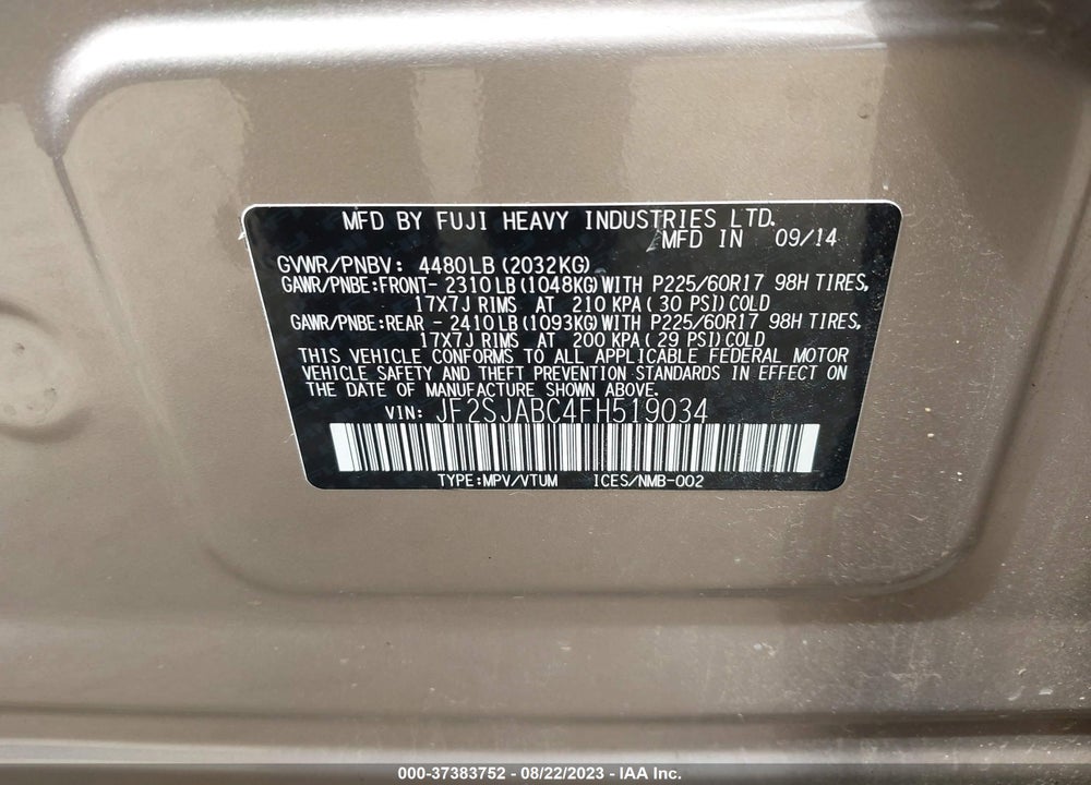 2015 SUBARU FORESTER 2.5I VIN: JF2SJABC4FH519034