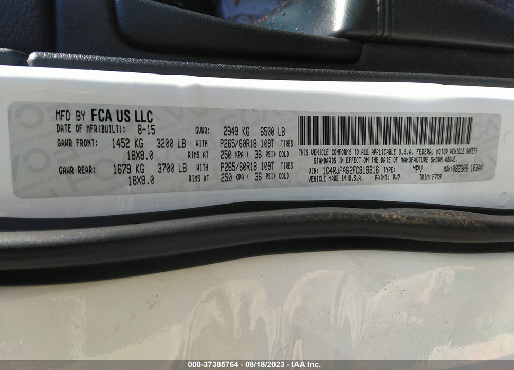 2015 JEEP GRAND CHEROKEE LAREDO VIN: 1C4RJFAG2FC919816