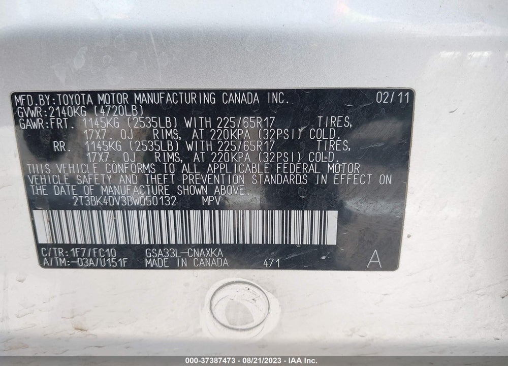 2011 TOYOTA RAV4 BASE V6 VIN: 2T3BK4DV3BW050132