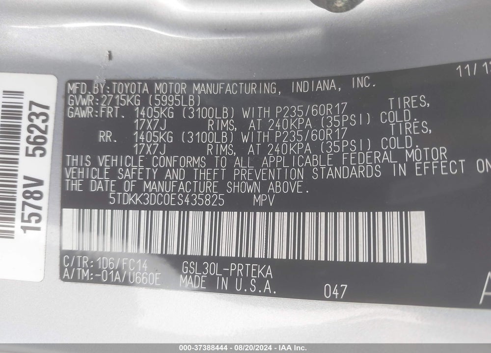 2014 TOYOTA SIENNA LE V6 8 PASSENGER VIN: 5TDKK3DC0ES435825