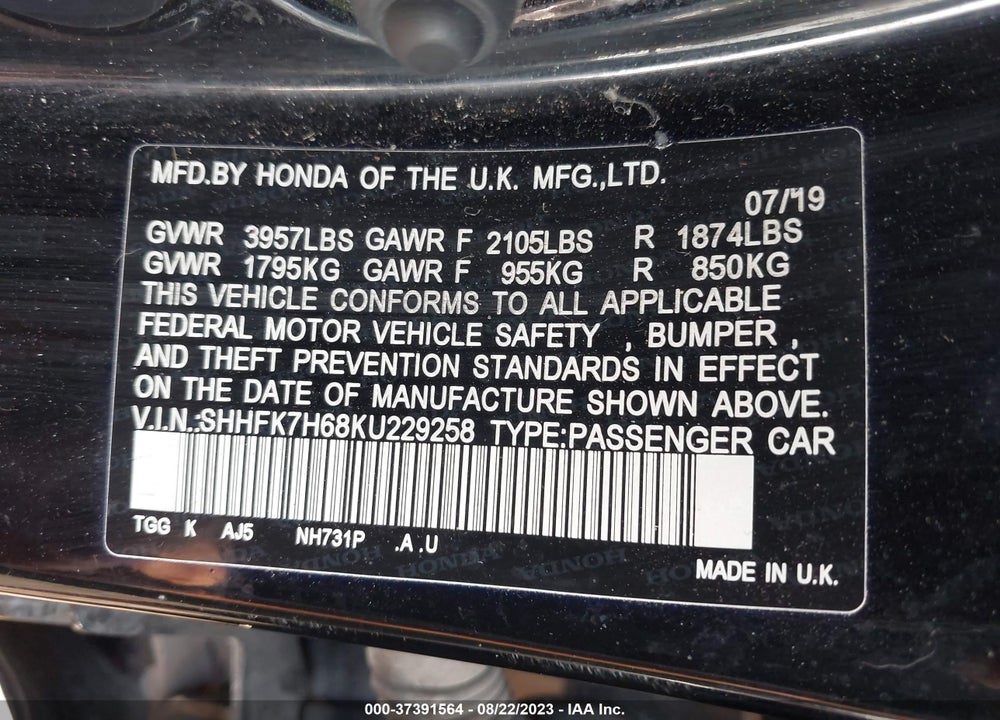 2019 HONDA CIVIC EX VIN: SHHFK7H68KU229258