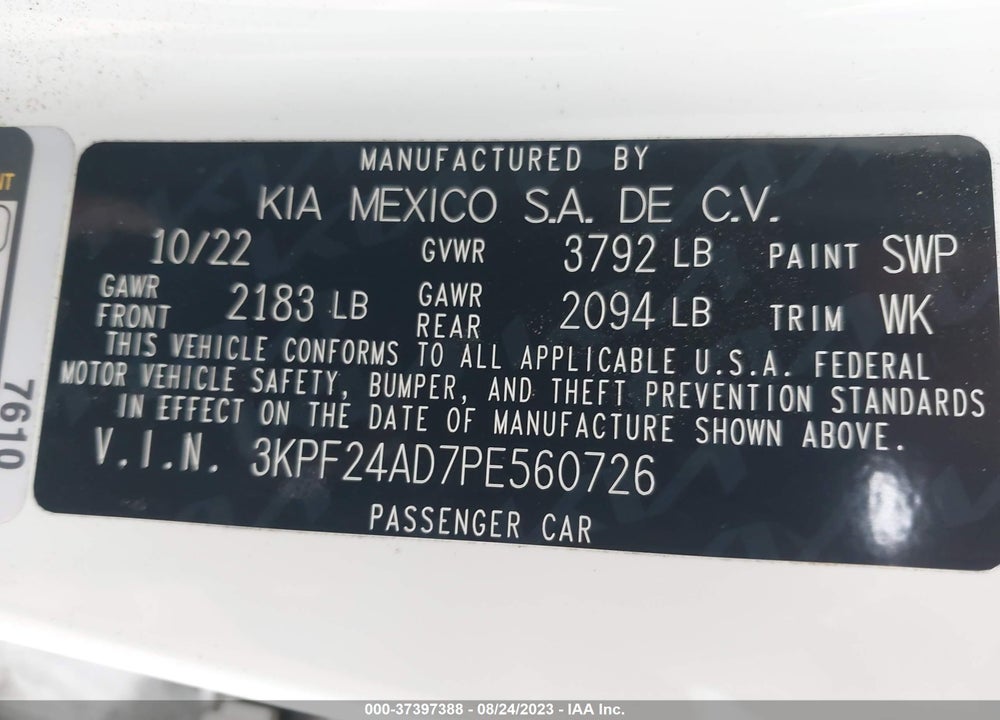 2023 KIA FORTE LXS VIN: 3KPF24AD7PE560726