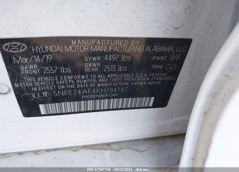 2019 HYUNDAI SONATA SE VIN: 5NPE24AF4KH784747