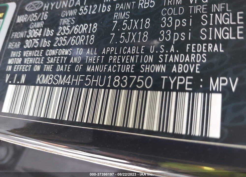 2017 HYUNDAI SANTA FE SE VIN: KM8SM4HF5HU183750