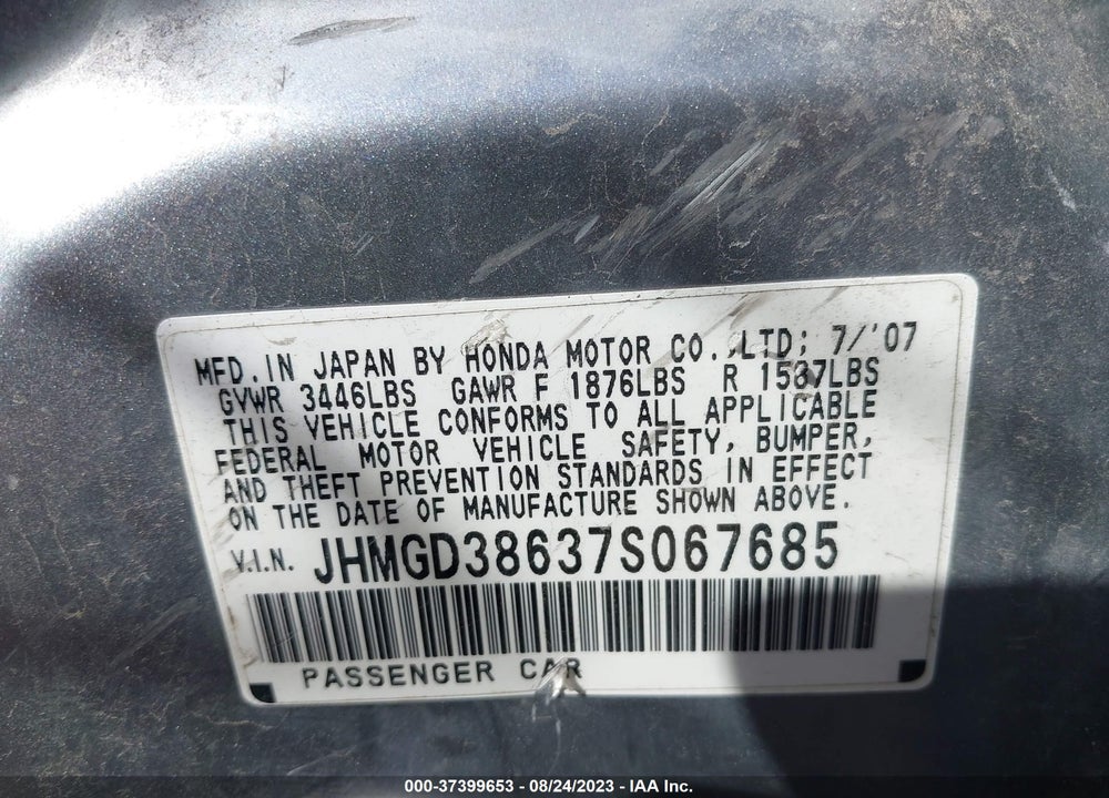 2007 HONDA FIT SPORT VIN: JHMGD38637S067685