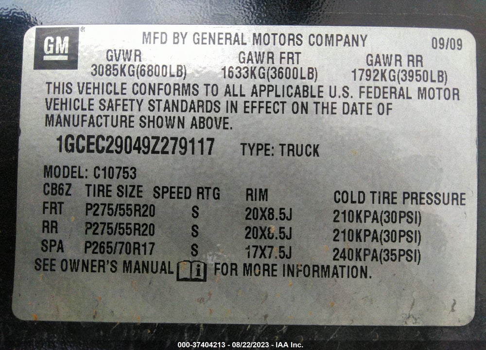 2009 CHEVROLET SILVERADO 1500 LT VIN: 1GCEC29049Z279117