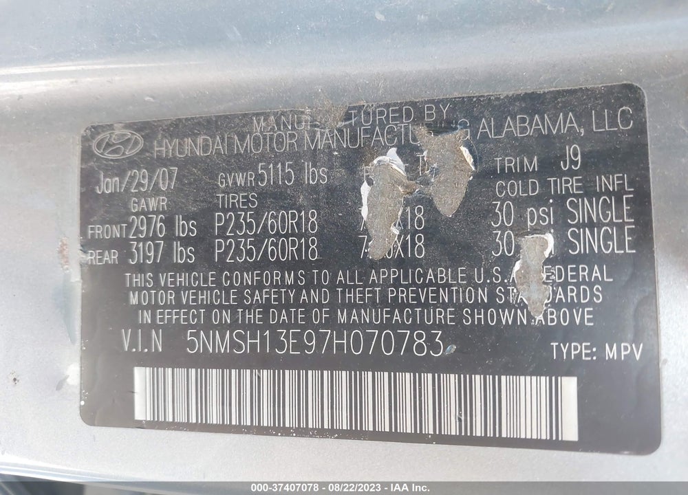 2007 HYUNDAI SANTA FE LIMITED/SE VIN: 5NMSH13E97H070783
