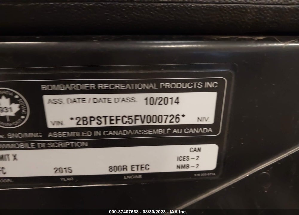 2015 SKI DOO SUMMIT 800 X VIN: 2BPSTEFC5FV000726