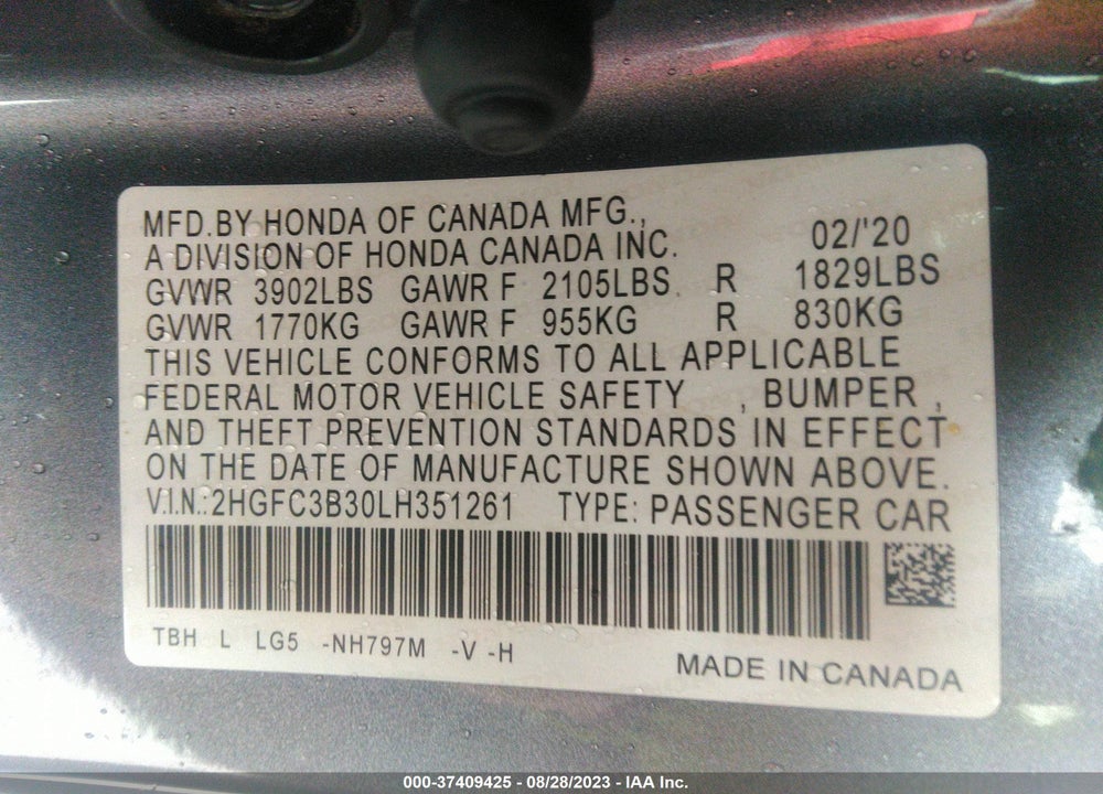 2020 HONDA CIVIC EX VIN: 2HGFC3B30LH351261