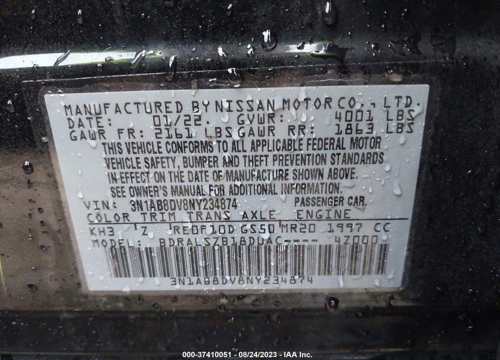 2022 NISSAN SENTRA SR XTRONIC CVT VIN: 3N1AB8DV8NY234874