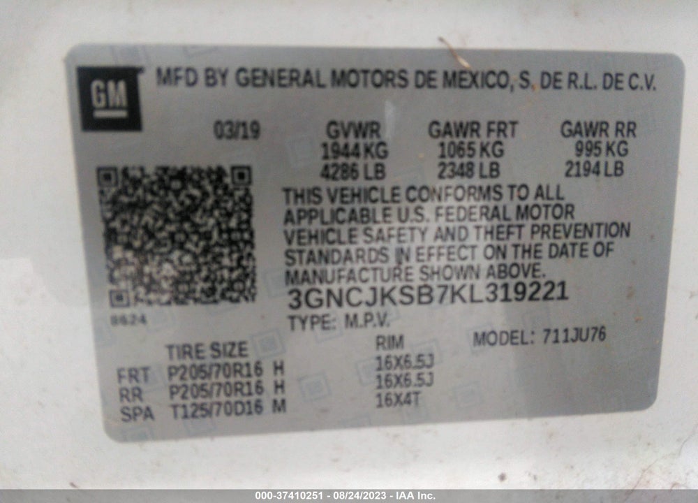 2019 CHEVROLET TRAX LS VIN: 3GNCJKSB7KL319221